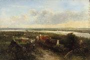 Pieter Janssens A panoramic river landscape oil painting